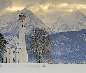 Zima, Eglise Saint Coloman, Kościół, Niemcy, Miejscowość Schwangau, Drzewa, Bawaria, Góry Alpy