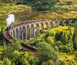 Szkocja, Miejscowość Glenfinnan, Roślinność, Wiadukt Glenfinnan, Pociąg, Dolina