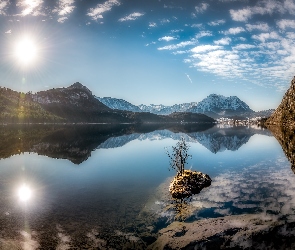 Jezioro Altausseer See, Austria, Góry, Styria, Promienie słońca