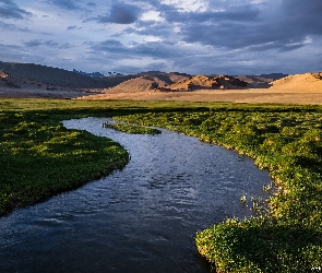 Rzeka, Mongolia, Góry, Ałtaj Mongolski, Łąki