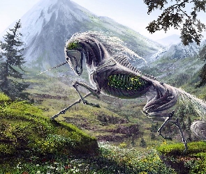 Art, Fantasy, Szkielet, Koń, Jednorożec, Góry