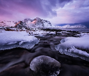 Norwegia, Lofoty, Zima, Morze, Śnieg, Góry