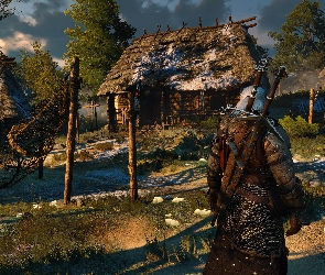 Gra, The Witcher 3 Wild Hunt, Domy, Geralt, Wioska, Wiedźmin 3 Dziki Gon