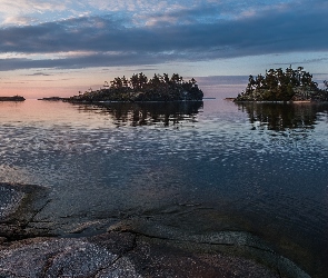 Karelia, Drzewa, Jezioro Ładoga, Rosja, Skały, Świt, Wysepki