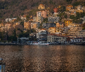 Miejscowość Como, Jezioro Como, Włochy, Nabrzeże, Statek, Lombardia, Domy