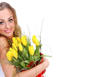 Tulipany, Żółte, Blondynka, Uśmiechnięta, Kobieta, Bukiet