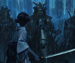 Grafika, Miecz, Konie, Kobieta, Samuraje