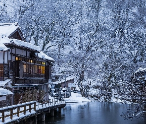 Japoński, Dom, Rzeka, Zima, Śnieg, Drzewa