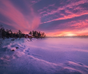 Ringerike, Dom, Norwegia, Drzewa, Zachód słońca, Jezioro, Zima, Chmury