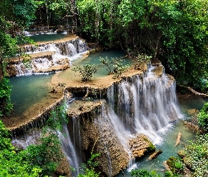 Tajlandia, Prowincja Kanchanaburi, Kaskada, Wodospad Erawan, Drzewa, Park Narodowy Erawan