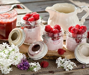 Słoiki, Bez, Dżem, Dzbanuszek, Kwiaty, Deser, Maliny