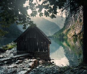 Jezioro Konigssee, Drewniana, Góry, Niemcy, Park Narodowy Berchtesgaden, Drzewa, Bawaria, Chata