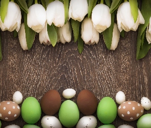 Wielkanoc, Deski, Tulipany, Pisanki, Białe