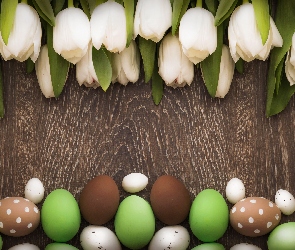 Białe, Deski, Pisanki, Tulipany, Wielkanoc