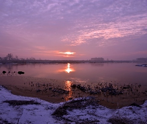 Jezioro, Zachód słońca, Śnieg, Brzeg