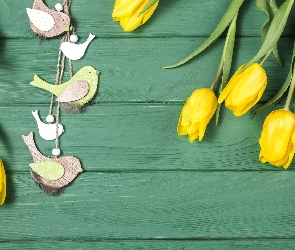 Zielone, Ptaszki, Żółte, Deski, Zawieszka, Kwiaty, Tulipany