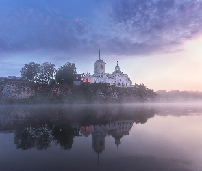 Rzeka, Drzewa, Odbicie, Chmury, Mgła, Cerkiew