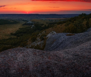 Wyżyny, Drzewa, Zachód słońca, Skały