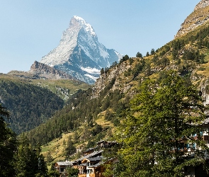 Alpy Pennińskie, Drzewa, Góry, Domy, Valais, Szczyt Matterhorn, Szwajcaria, Miejscowość Zermatt