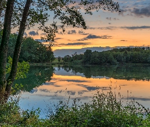 Jezioro, Drzewa, Odbicie, Zachód słońca, Chmury, Trawa