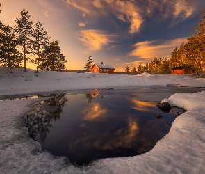 Zima, Zachód słońca, Jezioro Vaeleren, Norwegia, Drzewa, Ringerike, Domy