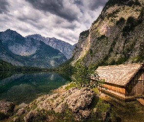 Góry Alpy, Domek, Kamienie, Jezioro Obersee, Niemcy, Park Narodowy Berchtesgaden, Szopa, Bawaria, Drewniany
