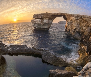 Morze, Efekt graficzny, Azure Window, Rybie oko, Malta, Lazurowe Okno, Wschód słońca, Skały, Most skalny