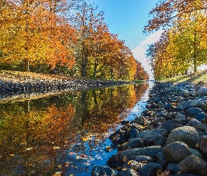 Jesień, Kamienie, Rzeka, Drzewa