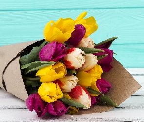Kwiat, Kolorowe, Sznurek, Bukiet, Papier, Tulipany