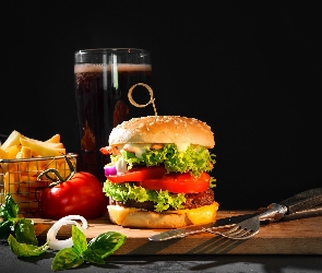 Frytki, Szklanka, Piwo, Pomidor, Hamburger