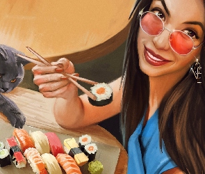 Grafika, Kot, Kobieta, Sushi