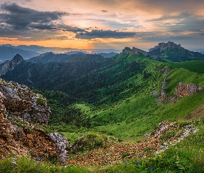 Kaukaz, Góry, Rosja, Zachód słońca, Chmury, Adygeja, Dolina
