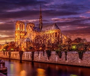 Rzeka Sekwana, Francja, Paryż, Noc, Katedra Notre Dame