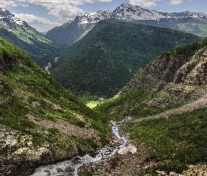 Stany Zjednoczone, Wzgórza, Strumyk, Góry Skaliste, Porośnięte, Skały, Park Narodowy Glacier, Kamienie, Stan Montana, Przełęcz Logan Pass