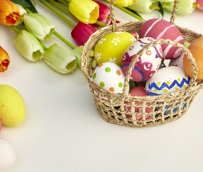 Wielkanoc, Koszyk, Tulipany, Pisanki, Kwiaty, Kolorowe