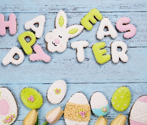 Happy Easter, Napis, Pisanki, Wielkanoc, Tulipany, Ciasteczka, Zajączek