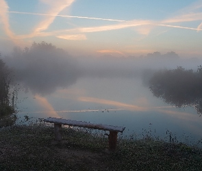 Ławka, Drzewa, Jezioro, Mgła