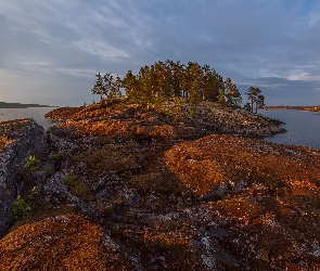 Jezioro Ładoga, Karelia, Wschód słońca, Drzewa, Skały, Rosja