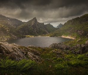 Ciemne, Niebo, Norwegia, Chmury, Jezioro, Lofoty, Góry