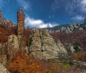 Formacje skalne, Skały, Krzewy, Jesień, Drzewa, Góry