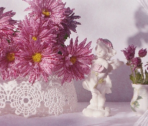Aniołek, Figurka, Chryzantemy, Kwiaty, Wazon, Kolor