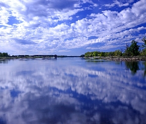 Rzeka, Odbicie, Chmury, Niebo