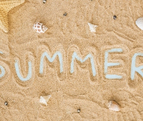 Summer, Napis, Lato, Muszelki, Wakacje, Plaża, Piasek