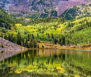 Zbocza, Jezioro Maroon Lake, Stany Zjednoczone, Drzewa, Aspen, Kolorado, Góry