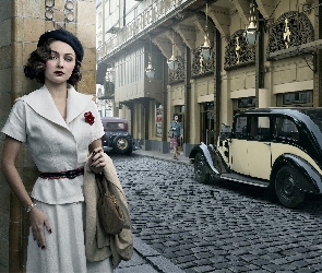 Ulica, Samochód, Beret, Domy, Zabytkowy, Kobieta, Retro