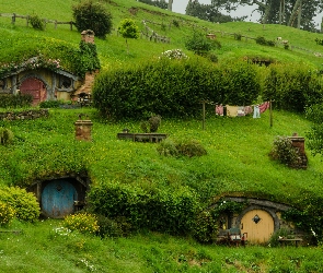 Miejscowość Matamata, Hobbit, Atrakcja turystyczna, Nowa Zelandia, Domy, Plan filmowy Hobbiton, Wzgórze