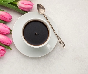 Tulipany, Łyżeczka, Kawa, Filiżanka, Różowe