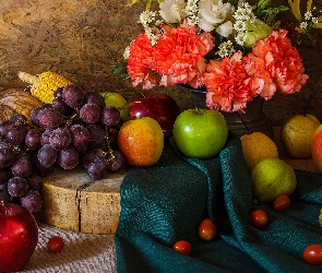 Winogrona, Dynia, Jabłka, Kukurydza, Goździki, Cytryna, Wazon, Materiał