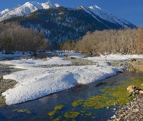 Kamienie, Kaukaz, Góry, Rosja, Śnieg, Drzewa, Republika Karaczajo-Czerkiesja, Rzeka Psysh
