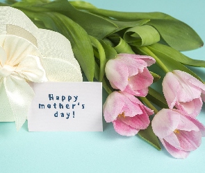 Dzień Matki, Karteczka, Serce, Napis, Prezent, Pudełko ozdobne, Różowe, Tulipany, Białe